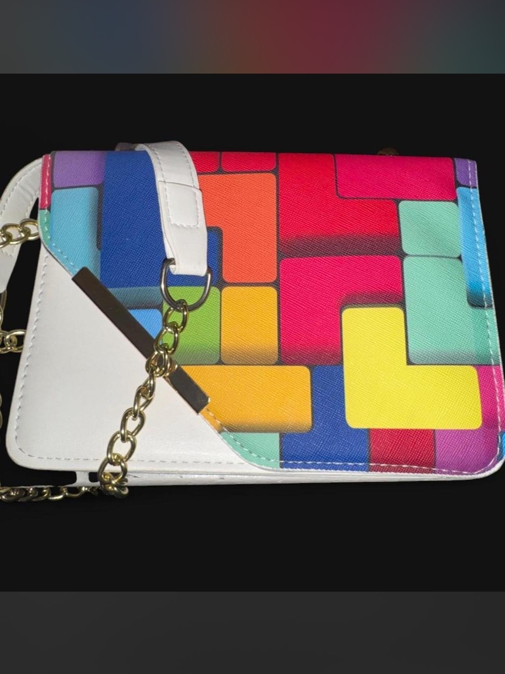 SHEIN White Crossbody Bag with Multicolor Geometric Print